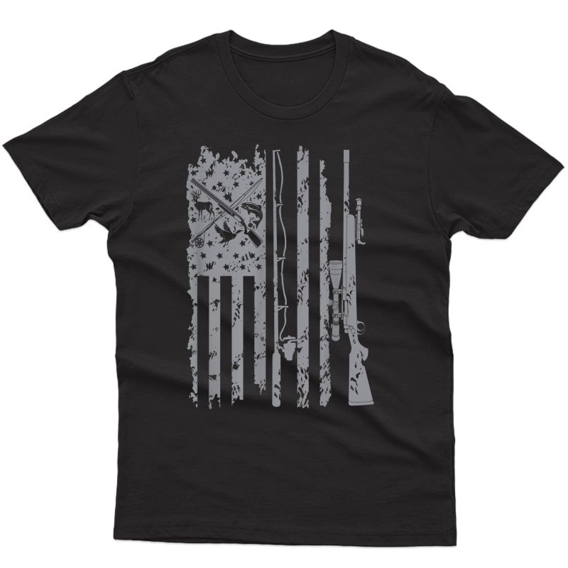 Cool Fishing Rod Hunting Rifle American Flag Gift For T-shirt