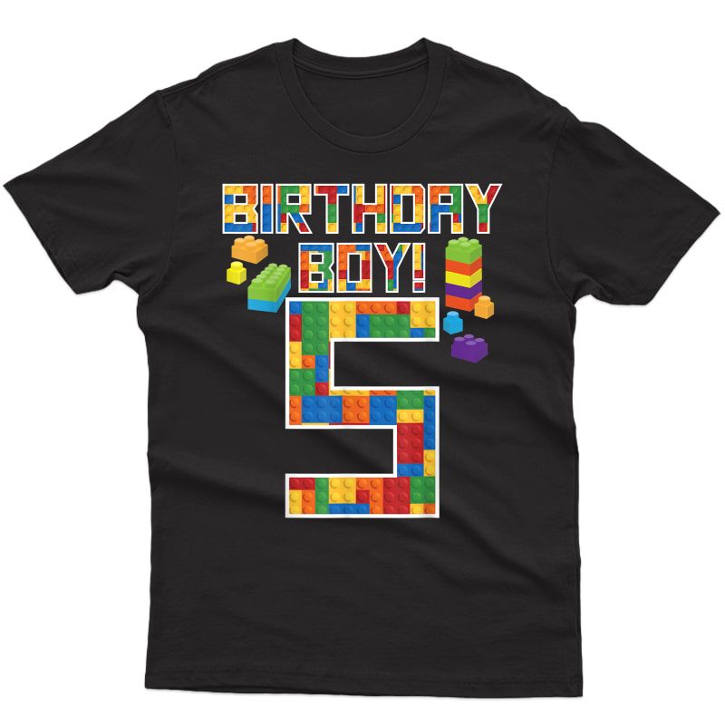 Cute 5th Birthday Gift 5 Years Old Block Building T-shirt