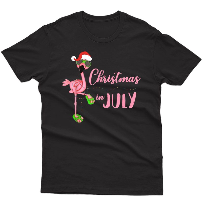 Flamingo Santa Hat Christmas Lights Christmas In July Tshirt