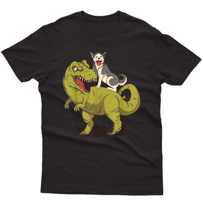 Funny Siberian Husky Dog Riding Dinosaur T-shirt