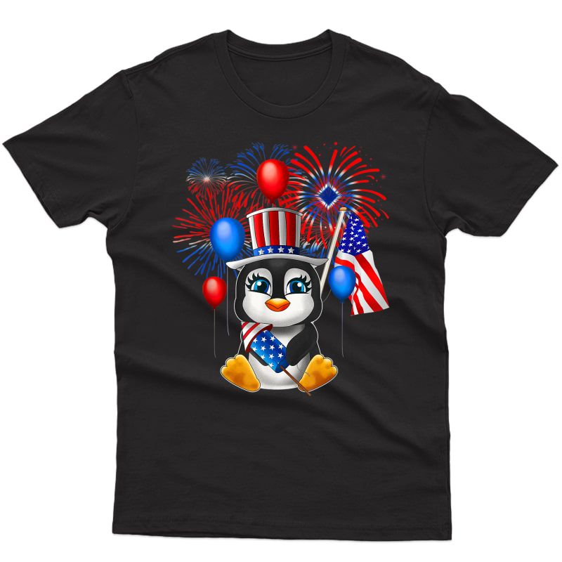 Girls 4th July Summer Out American Flag Penguin T-shirt