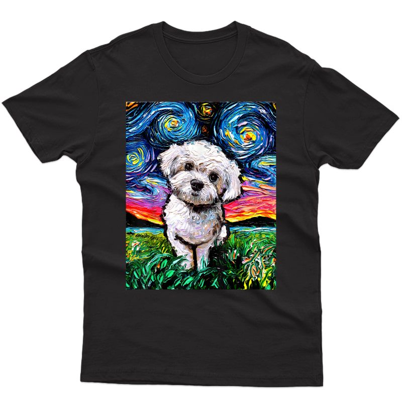 Maltipoo Starry Night Maltese Poodle Dog Art By Aja T-shirt