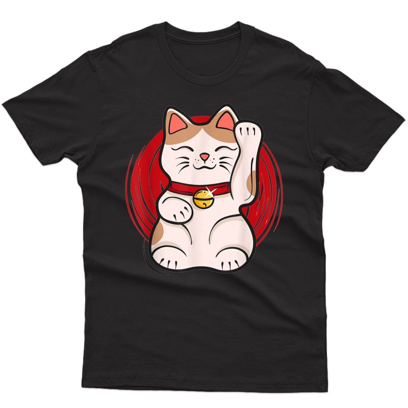 Maneki-neko Lucky Cat Statue Waving Japanese Style Design T-shirt