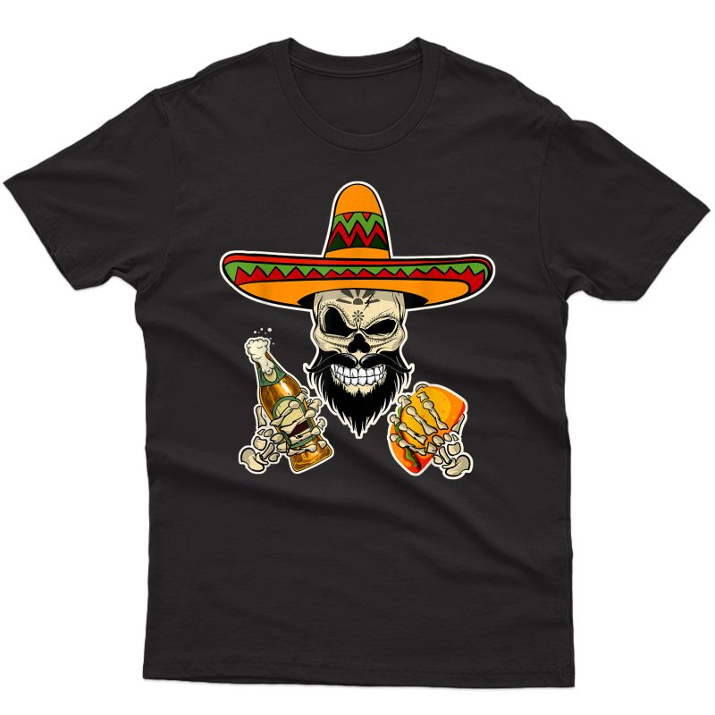 Mexican Sugar Skull With Tacos And Beer Funny T-shirt