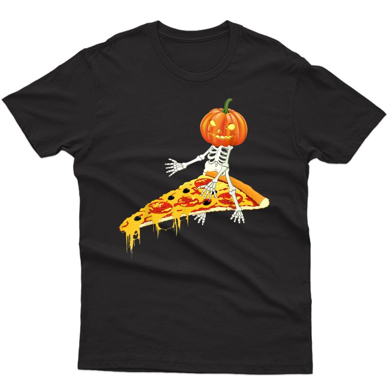 Pumpkin Skeleton Riding A Pizza Halloween T-shirt