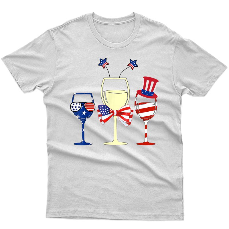 Red Blue Wine Glasses American Flag 4th Of July Tshirt