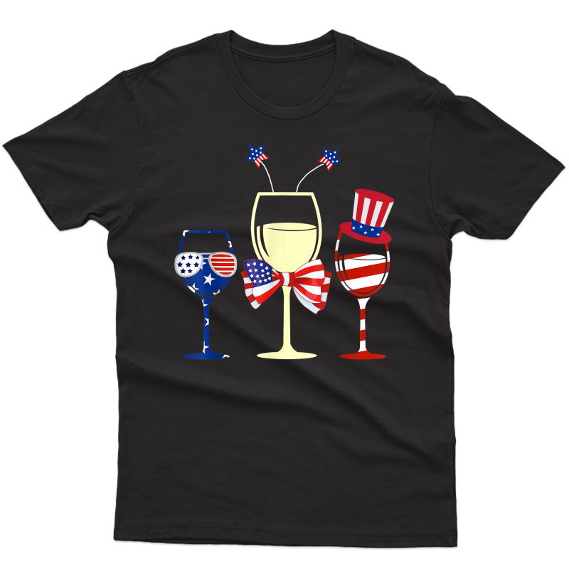 Red Blue Wine Glasses American Flag 4th Of July Tshirt