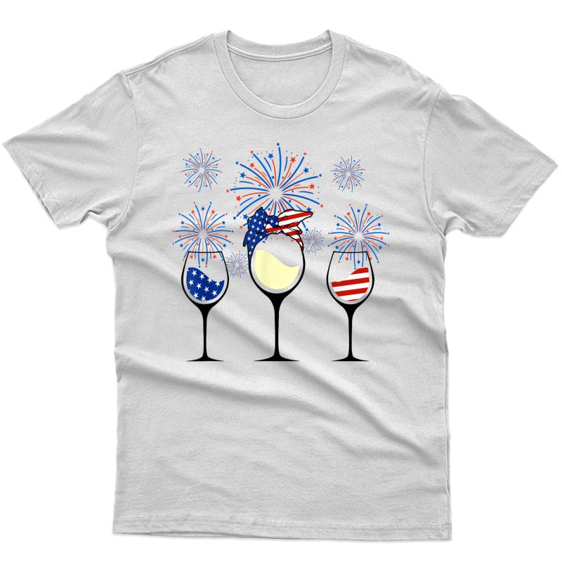 Red Blue Wine Glasses Firework 4th Of July Tshirt