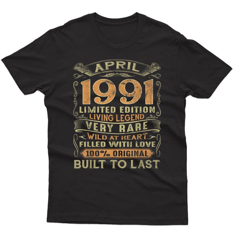 Vintage 30 Years Old April 1991 30th Birthday Gift Idea T-shirt